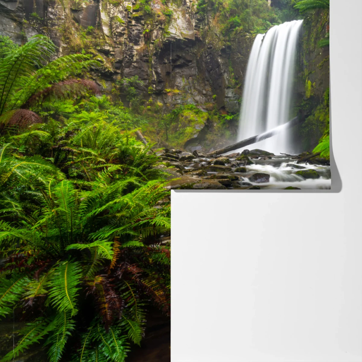 Fototapete üppiger wasserfall im farnwald Fototapete üppiger wasserfall im farnwald