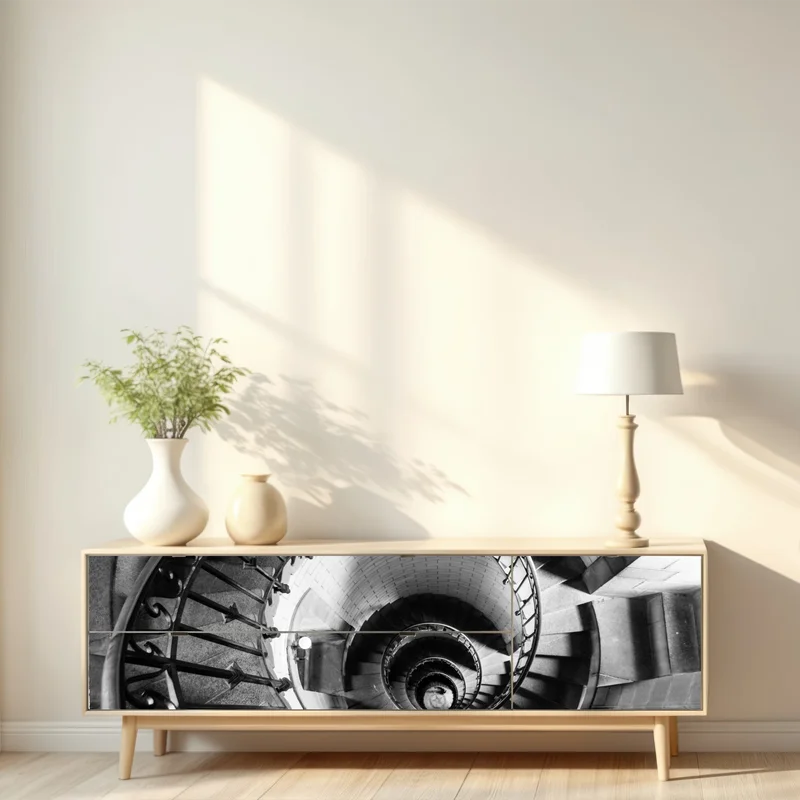 Repositionierbarer Aufkleber spiraltreppe in monochromer perspektive Repositionierbarer Aufkleber spiraltreppe in monochromer perspektive