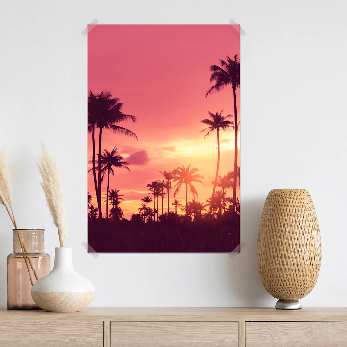 Poster rosa tropischer sonnenuntergang mit palmen Poster rosa tropischer sonnenuntergang mit palmen