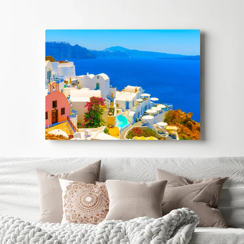 Leinwandbild sonniger blick auf Santorini mit weißen häusern und blauem meer Leinwandbild sonniger blick auf Santorini mit weißen häusern und blauem meer