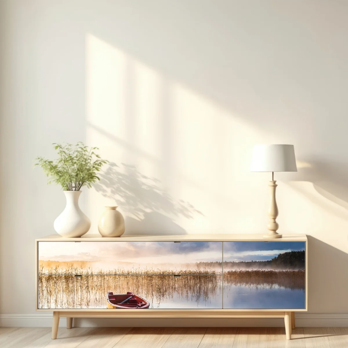 Repositionierbarer Aufkleber nebliger morgen am see mit rotem boot Repositionierbarer Aufkleber nebliger morgen am see mit rotem boot