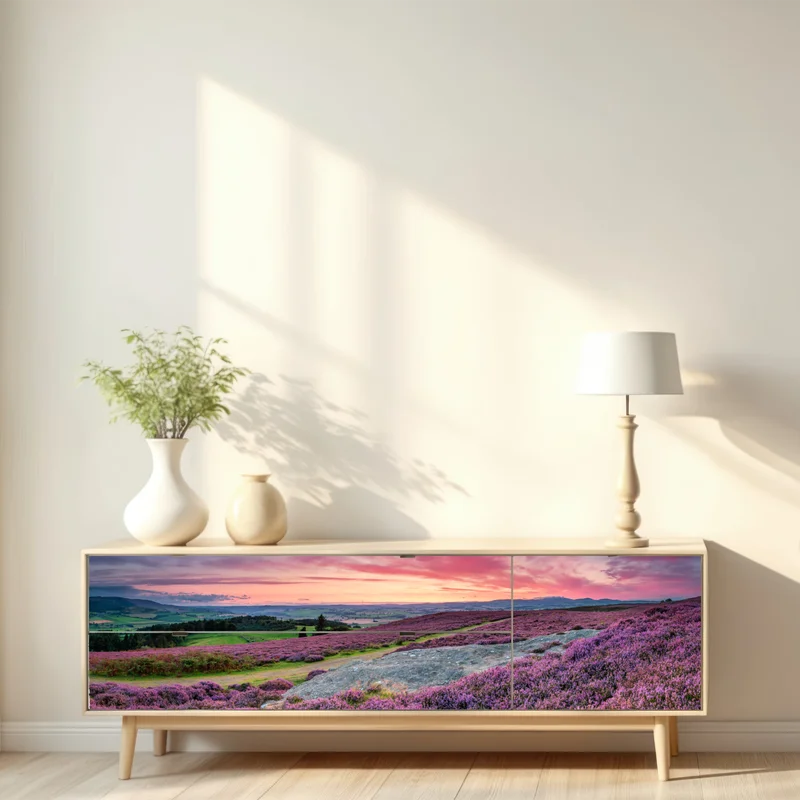 Repositionierbarer Aufkleber violette heideflächen bei sonnenuntergang