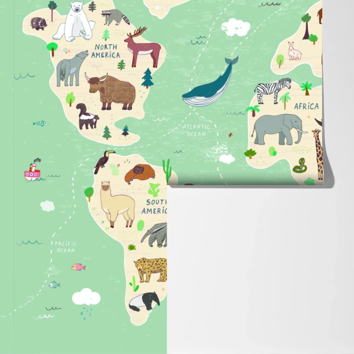 Fototapete verspielte weltkarte mit tieren Fototapete verspielte weltkarte mit tieren