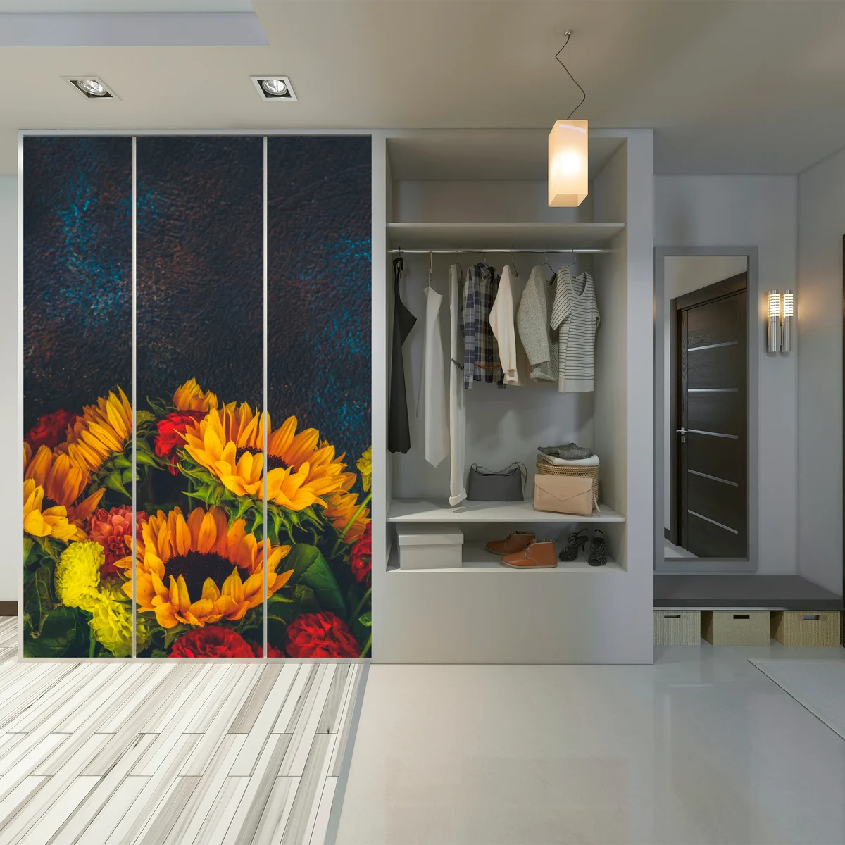 Schrankaufkleber lebendiger sonnenblumenstrauß vor dunklem hintergrund Schrankaufkleber lebendiger sonnenblumenstrauß vor dunklem hintergrund