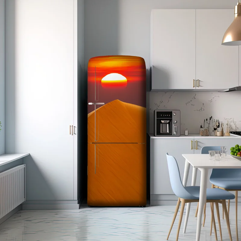 Kühlschrankaufkleber goldener sonnenuntergang über sanddünen