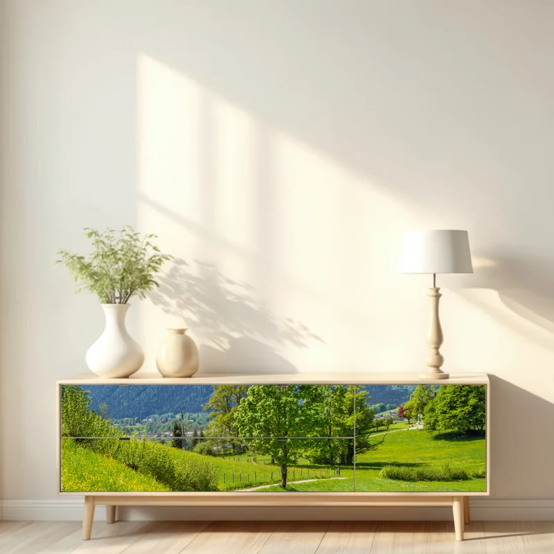 Repositionierbarer Aufkleber alpenwiese und bergpfad