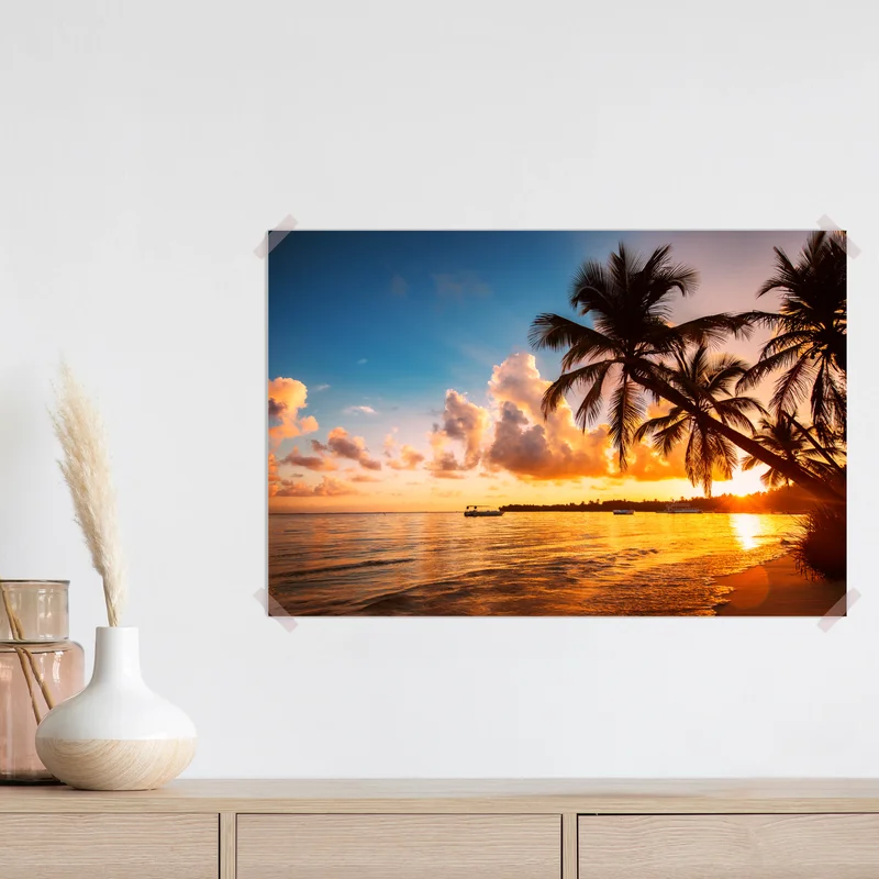 Poster tropischer sonnenuntergang mit palmensilhouetten, Dominikanische Republik Poster tropischer sonnenuntergang mit palmensilhouetten, Dominikanische Republik