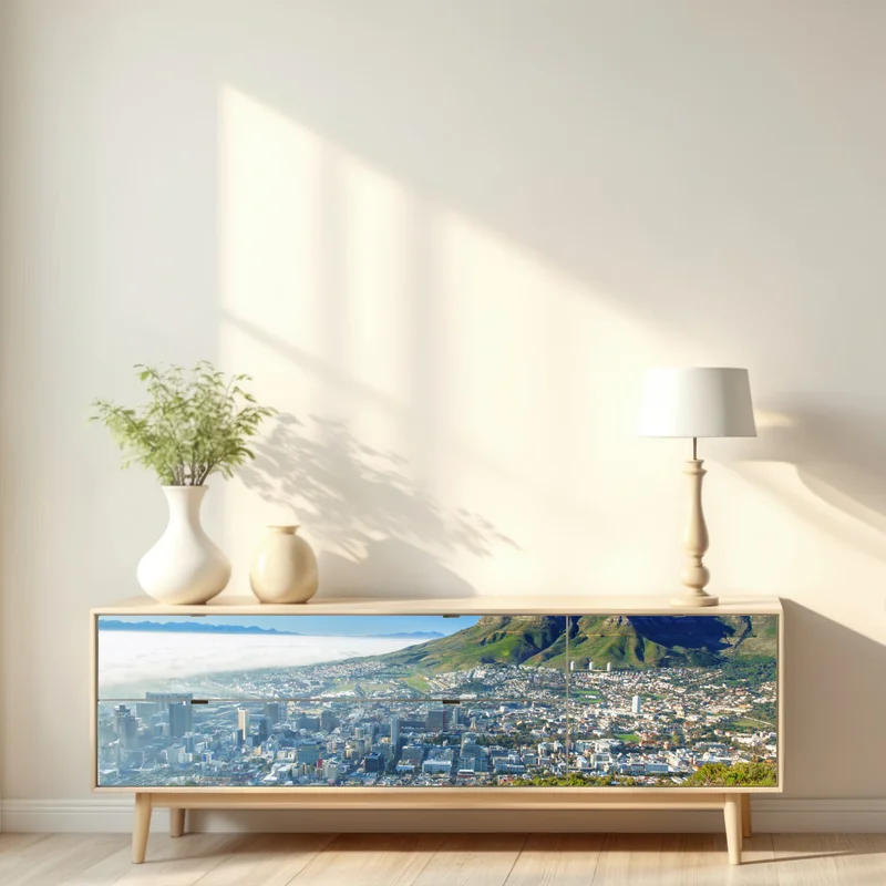 Repositionierbarer Aufkleber stadtpanorama mit bergen und blauem himmel