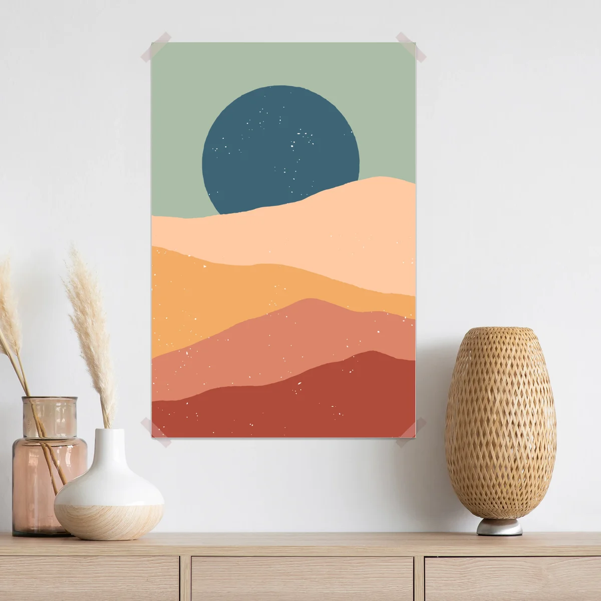 Poster abstrakte pastellwüstenlandschaft mit mond • Poster bei Wallnifity® Poster abstrakte pastellwüstenlandschaft mit mond • Poster bei Wallnifity®