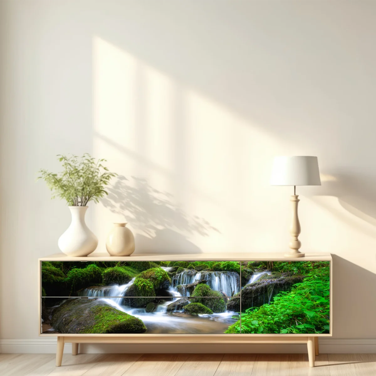 Repositionierbarer Aufkleber ruhiger moosiger waldwasserfall Repositionierbarer Aufkleber ruhiger moosiger waldwasserfall