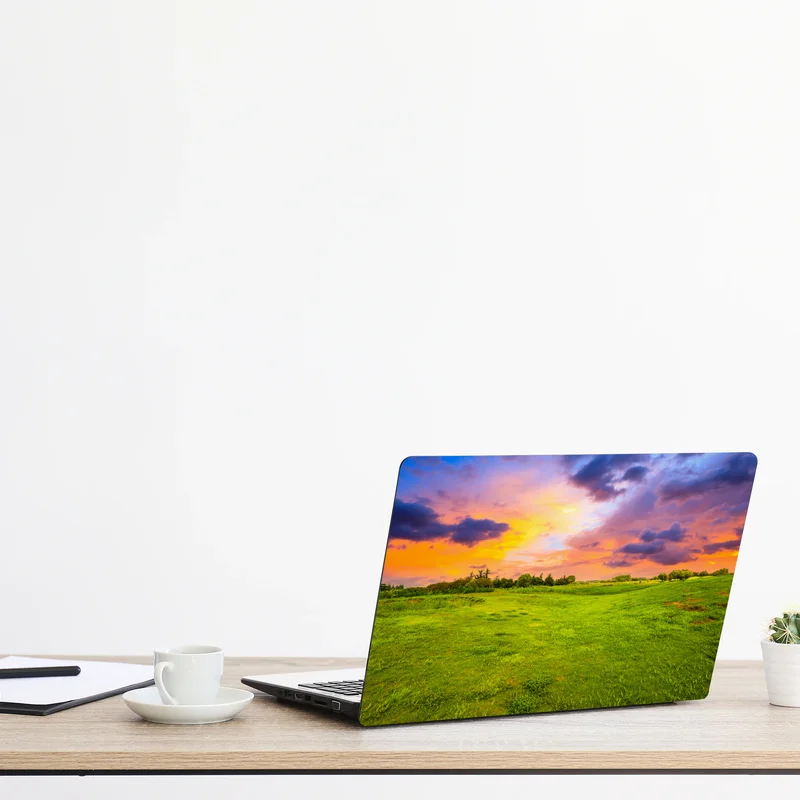 Laptop-Aufkleber sonnenuntergang über grüner wiese