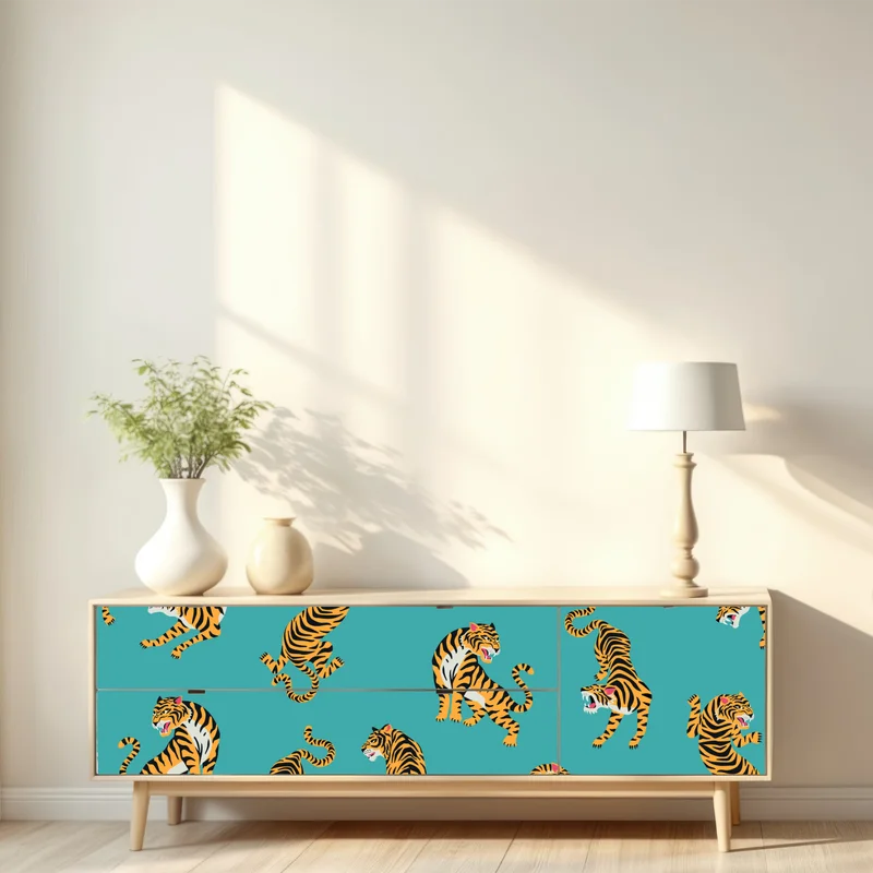 Repositionierbarer Aufkleber stilisiertes tigermuster auf türkisfarbenem hintergrund Repositionierbarer Aufkleber stilisiertes tigermuster auf türkisfarbenem hintergrund