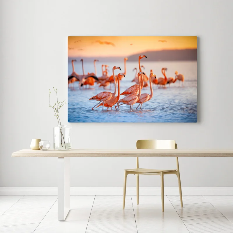 Leinwandbild rosa flamingos bei sonnenuntergang Leinwandbild rosa flamingos bei sonnenuntergang