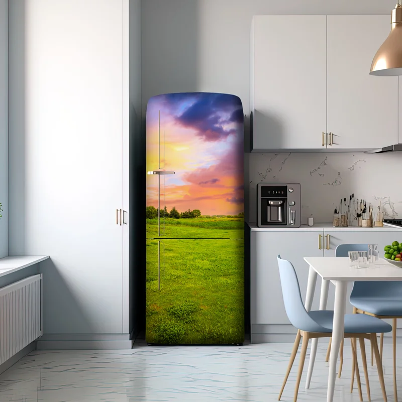 Kühlschrankaufkleber sonnenuntergang über grüner wiese