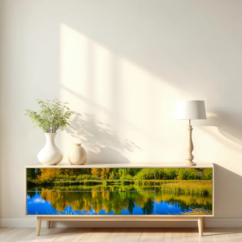 Repositionierbarer Aufkleber herbstbäume spiegeln sich in einem ruhigen see Repositionierbarer Aufkleber herbstbäume spiegeln sich in einem ruhigen see