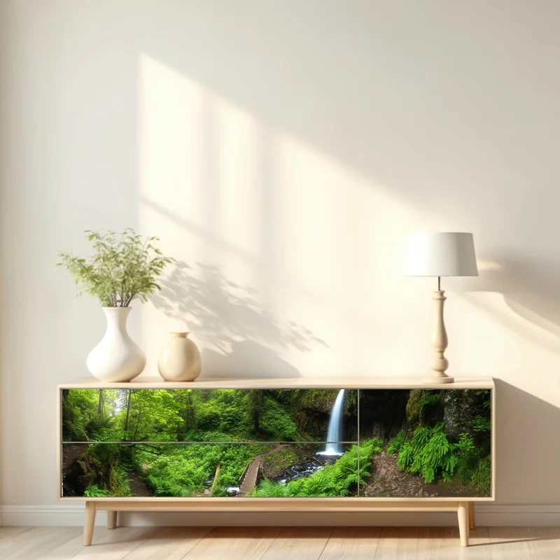 Repositionierbarer Aufkleber üppiger waldwasserfall panorama