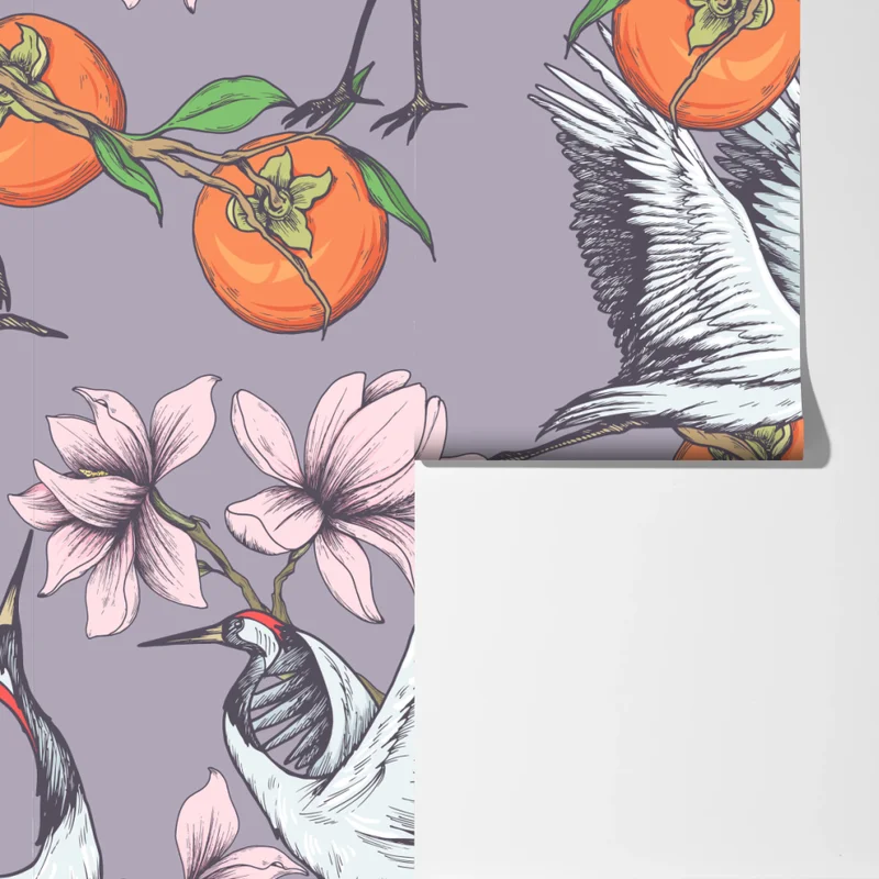 Fototapete anmutige kraniche und kakis mit magnolien Fototapete anmutige kraniche und kakis mit magnolien