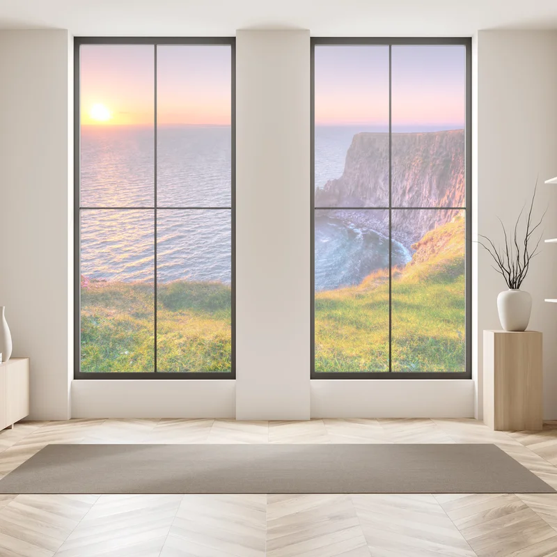 Fensteraufkleber sonnenuntergang über zerklüfteten küstenklippen