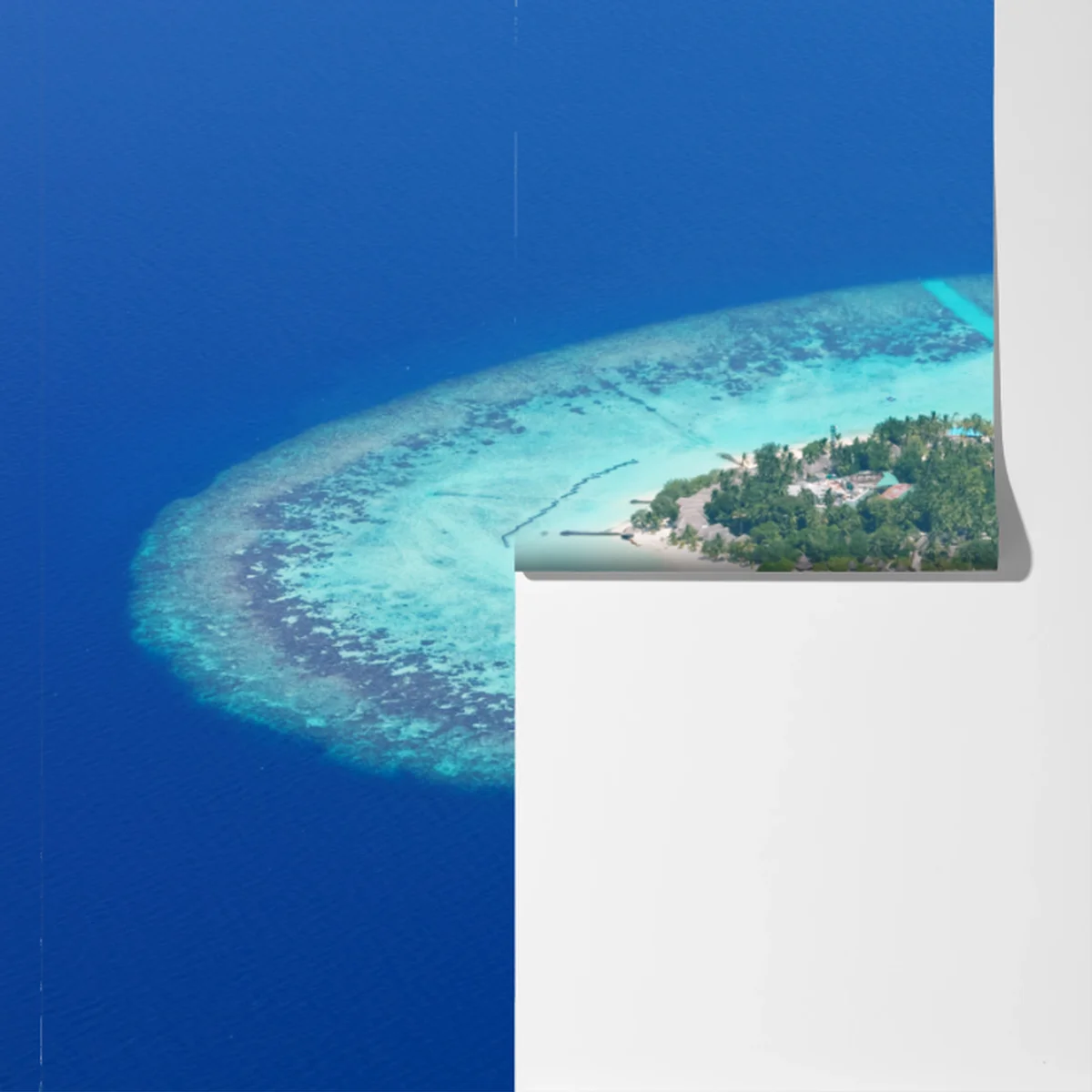 Fototapete tropische insel aus der luft mit wasserflugzeug Fototapete tropische insel aus der luft mit wasserflugzeug