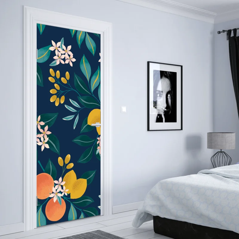 Türaufkleber botanisches zitronen- und orangenmuster auf marineblauem hintergrund Türaufkleber botanisches zitronen- und orangenmuster auf marineblauem hintergrund