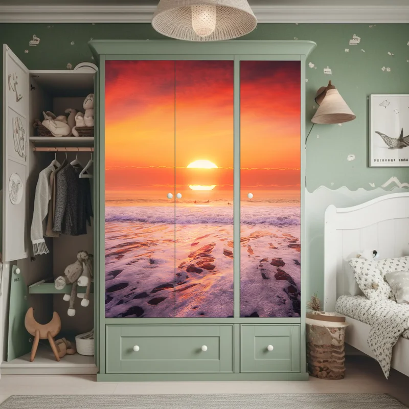 Schrankaufkleber goldener sonnenuntergang über ruhigem strand