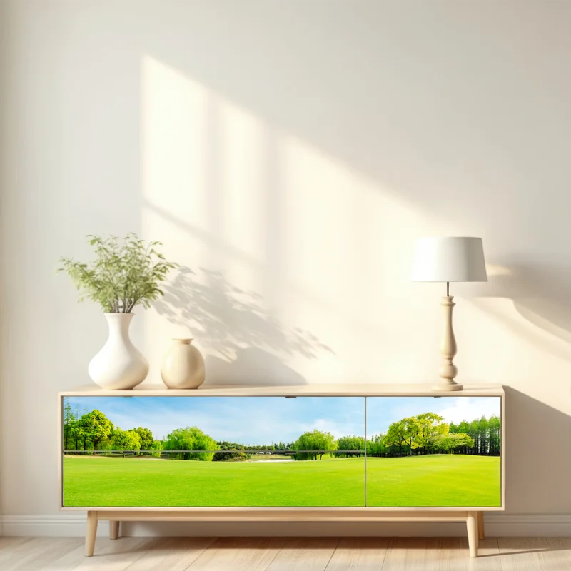 Repositionierbarer Aufkleber friedliche grüne wiese unter blauem himmel