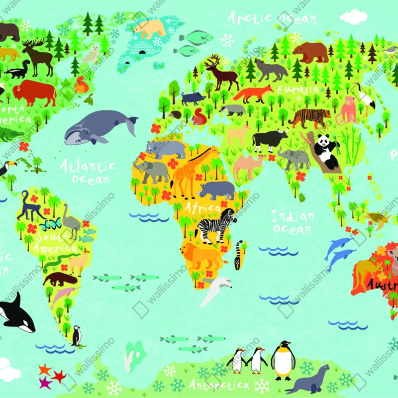 Fototapeta kolorowa mapa świata ze zwierzętami Fototapeta kolorowa mapa świata ze zwierzętami