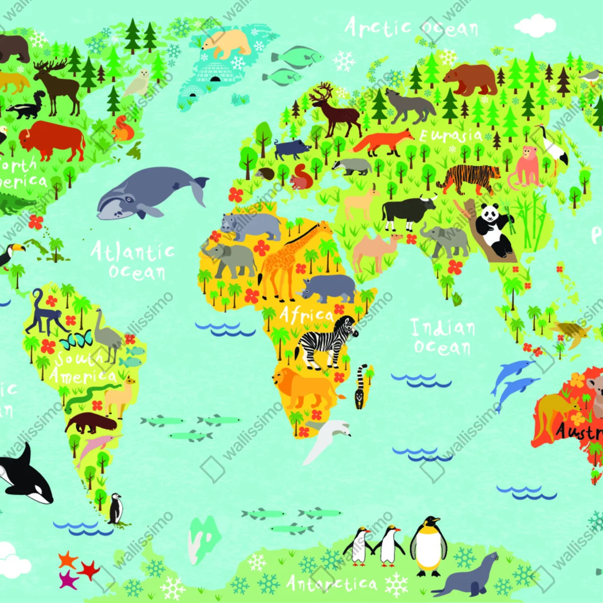 Fototapeta kolorowa mapa świata ze zwierzętami Fototapeta kolorowa mapa świata ze zwierzętami