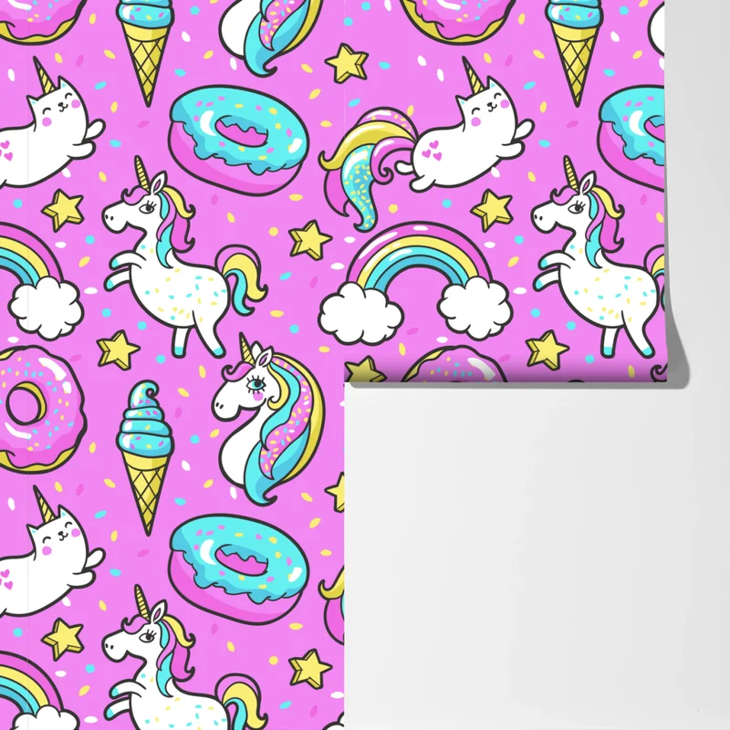 Fototapete pastell einhörner und süßigkeiten Fototapete pastell einhörner und süßigkeiten