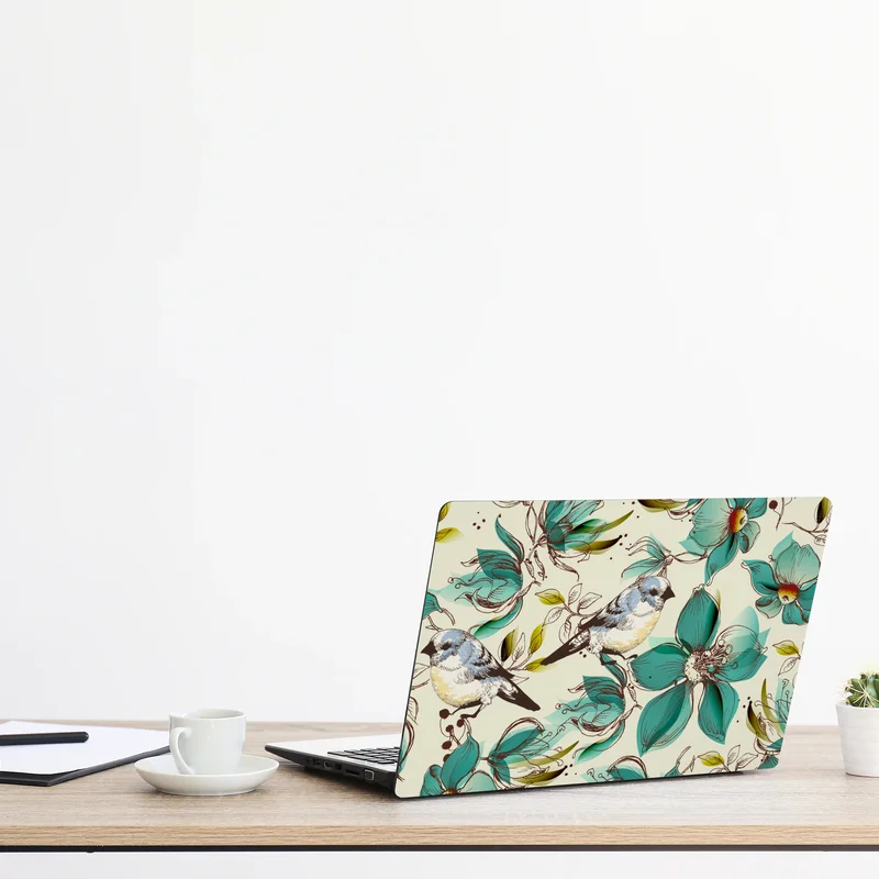 Laptop-Aufkleber retro türkis blumen- und vogelmuster