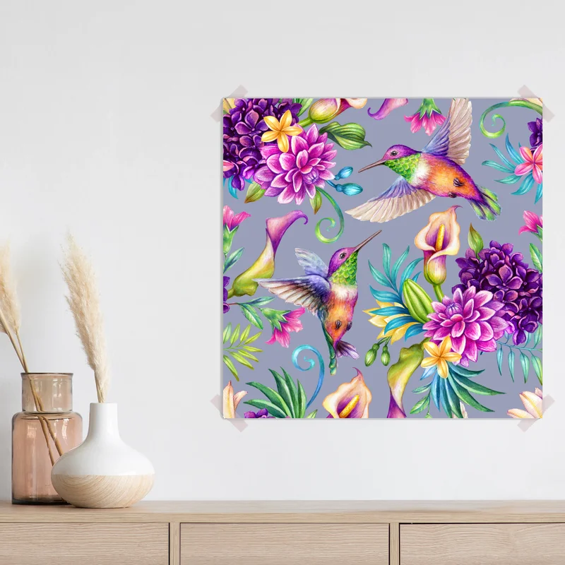 Poster buntes kolibri- und blumenmuster in aquarell • Poster bei Wallnifity® Poster buntes kolibri- und blumenmuster in aquarell • Poster bei Wallnifity®