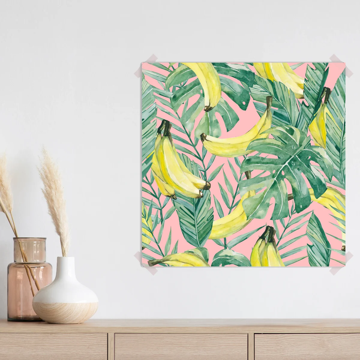 Poster aquarell-bananen und blättermuster auf rosa hintergrund Poster aquarell-bananen und blättermuster auf rosa hintergrund