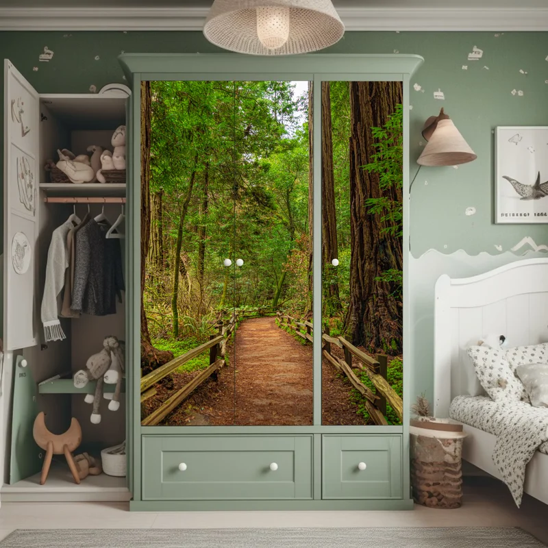 Schrankaufkleber majestätischer waldpfad zwischen mammutbäumen