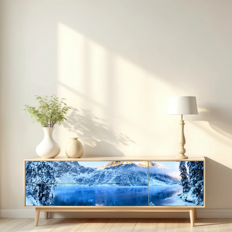 Repositionierbarer Aufkleber winterlicher sonnenaufgang über dem gefrorenen bergsee