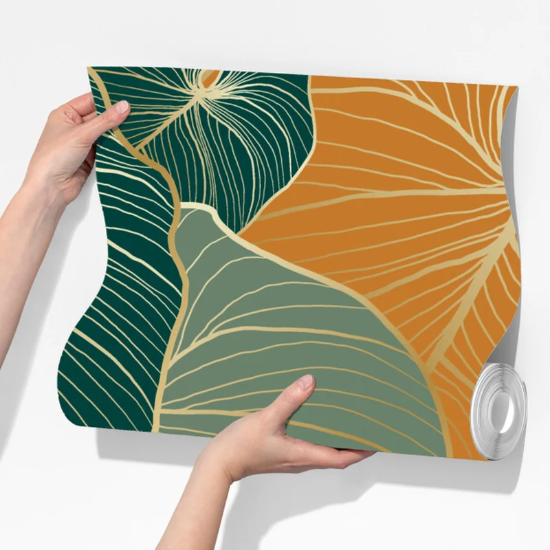 Fototapete türkis-goldenes botanisches blättermuster Fototapete türkis-goldenes botanisches blättermuster