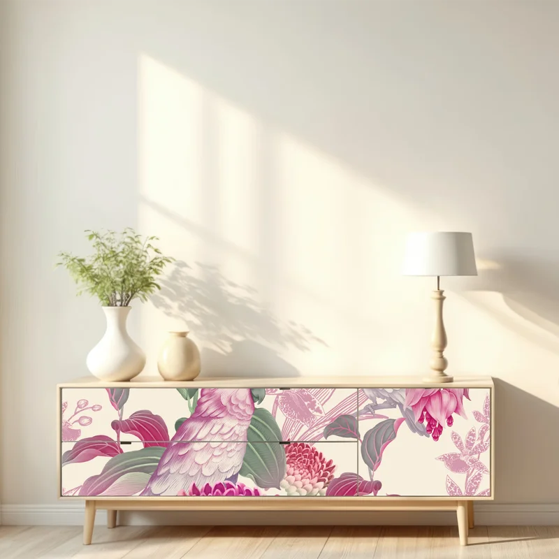 Repositionierbarer Aufkleber rosa papagei und chrysantheme - botanisches motiv