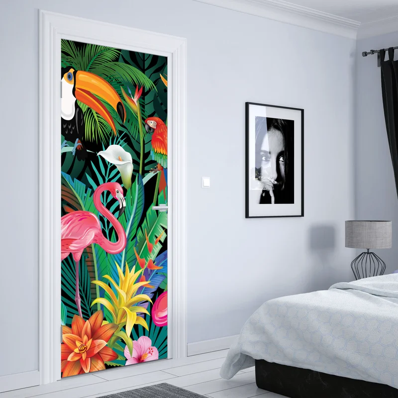 Türaufkleber leuchtende tropische vögel und blumen
