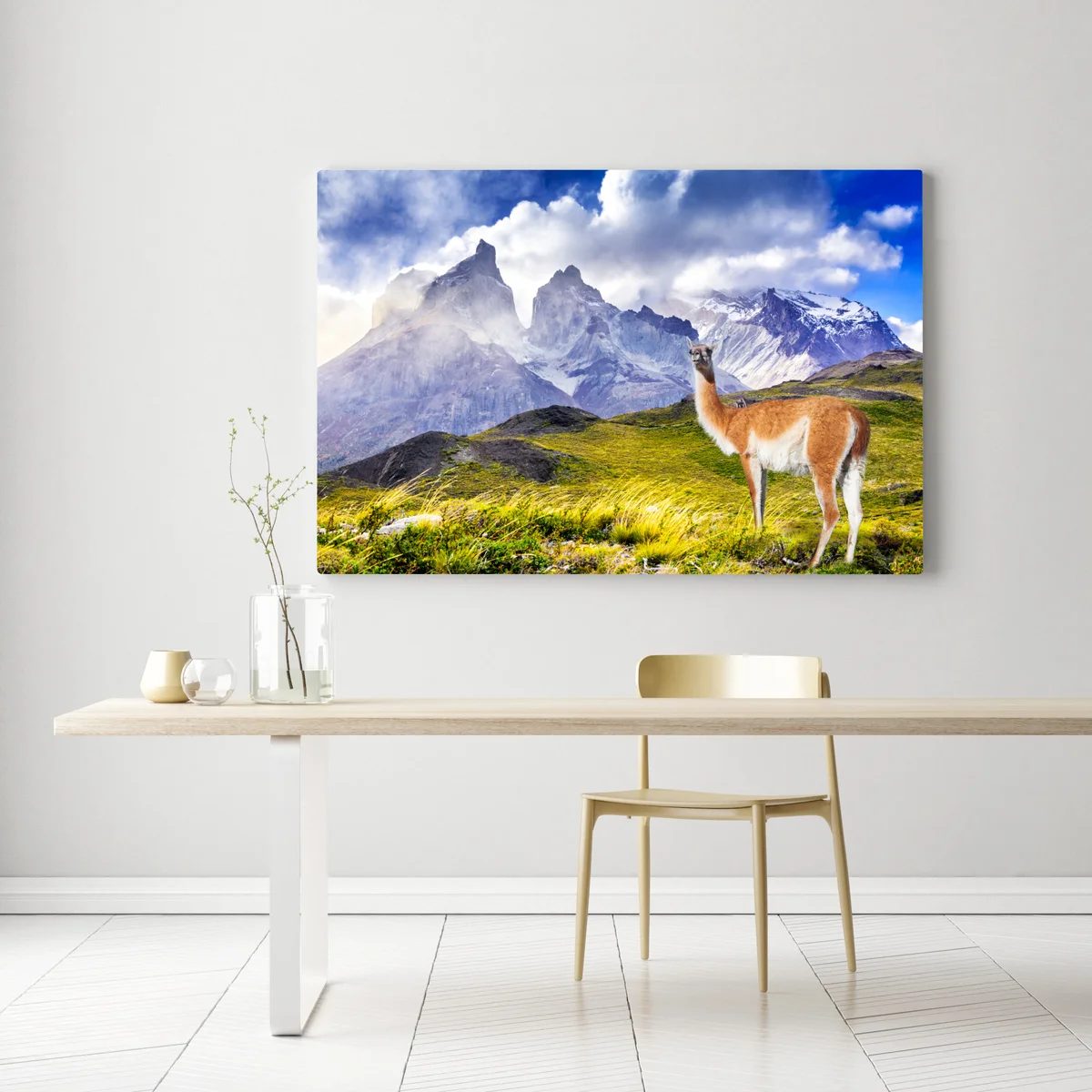 Leinwandbild Torres del Paine Patagonia landschaft mit guanako Leinwandbild Torres del Paine Patagonia landschaft mit guanako