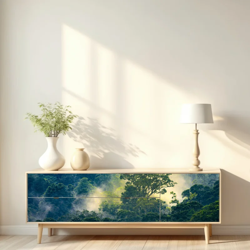 Repositionierbarer Aufkleber nebliger regenwald mit baumkronen Repositionierbarer Aufkleber nebliger regenwald mit baumkronen