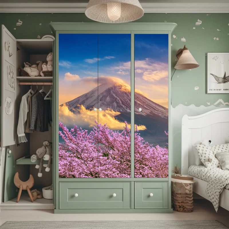 Schrankaufkleber Berg Fuji mit blühenden kirschblüten bei sonnenaufgang