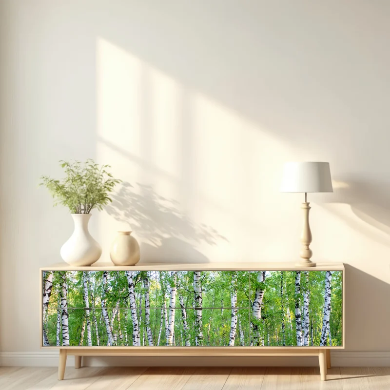 Repositionierbarer Aufkleber ruhiger birkenhain im sommer