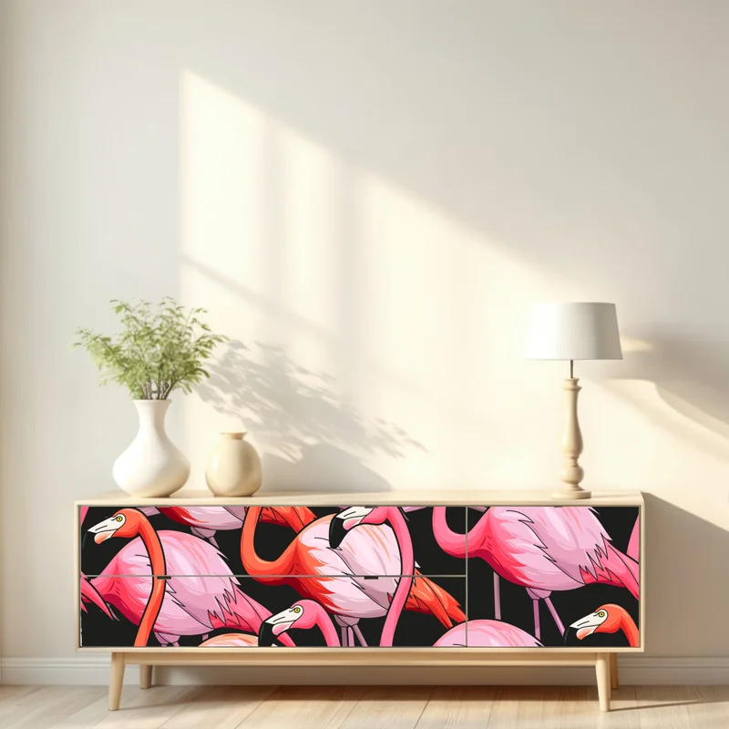 Repositionierbarer Aufkleber rosa flamingo-muster auf schwarzem hintergrund