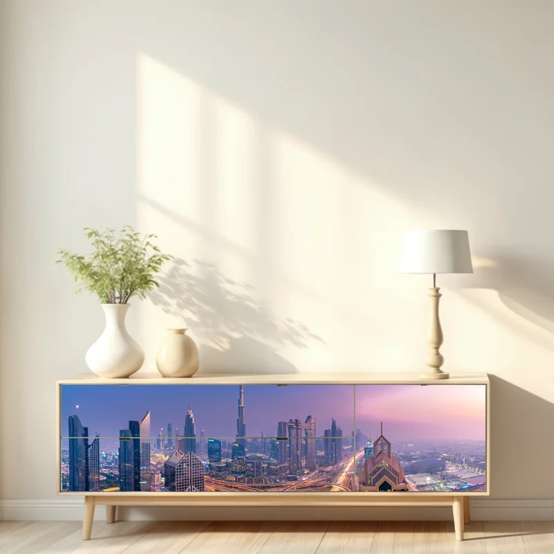 Repositionierbarer Aufkleber panoramablick auf Dubai bei dämmerung