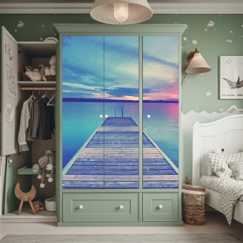 Schrankaufkleber pastellsteg am see bei sonnenuntergang