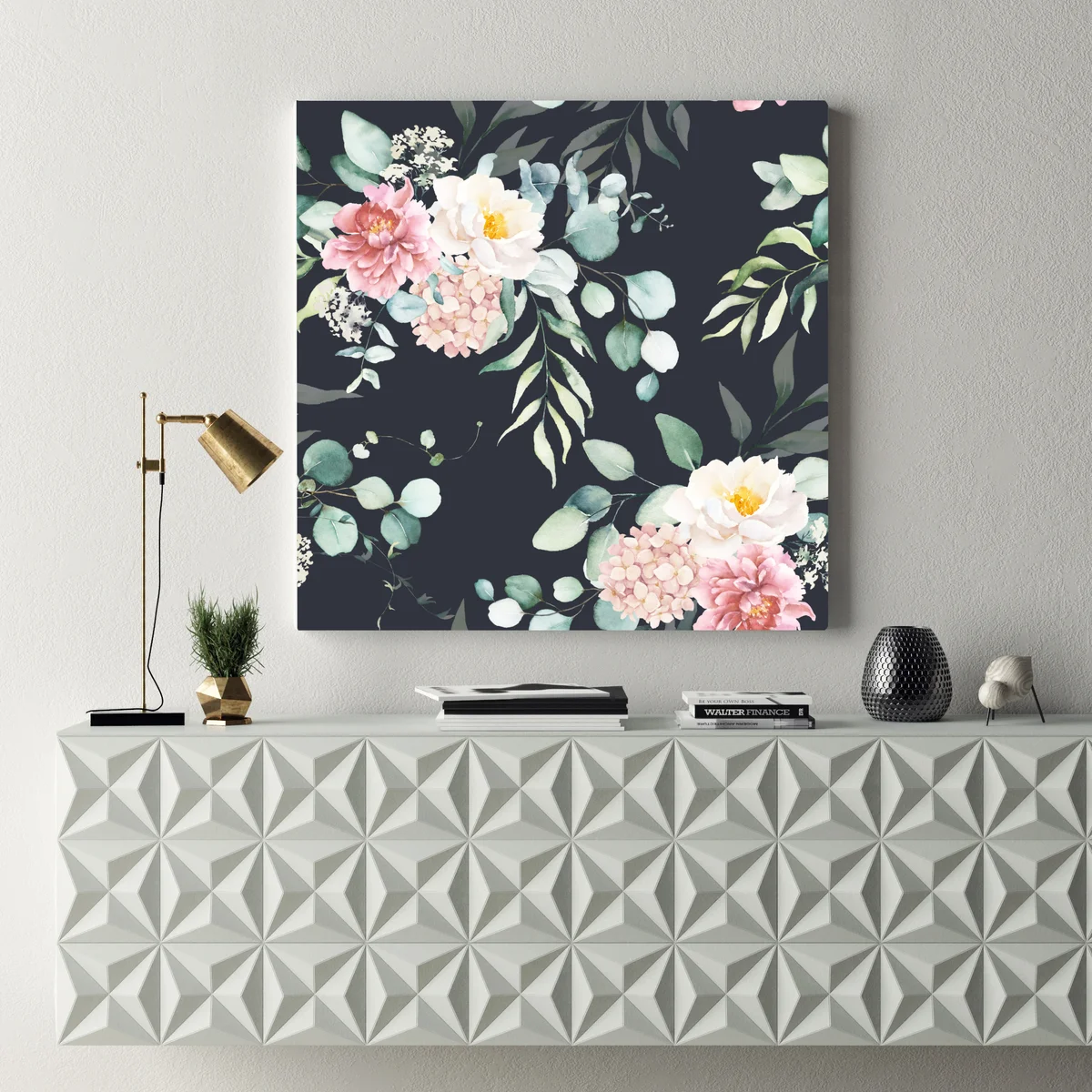 Leinwandbild elegantes aquarell-blumenmuster auf dunklem hintergrund Leinwandbild elegantes aquarell-blumenmuster auf dunklem hintergrund