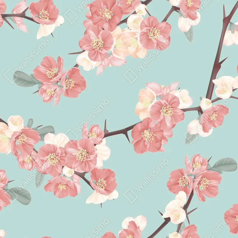 Fensteraufkleber pastelliges kirschblütenmuster auf mintfarbenem hintergrund Fensteraufkleber pastelliges kirschblütenmuster auf mintfarbenem hintergrund