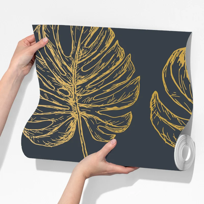 Fototapete goldene monstera-blätter auf dunklem hintergrund Fototapete goldene monstera-blätter auf dunklem hintergrund