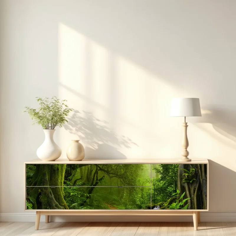 Repositionierbarer Aufkleber verwunschener grüner wald mit bach