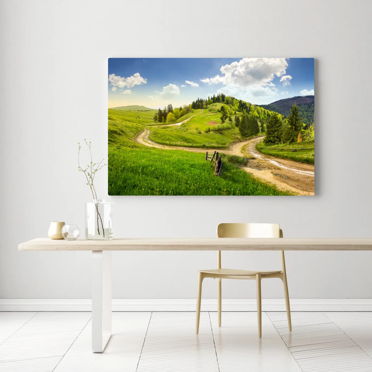 Leinwandbild gewundener feldweg durch grüne hügel Leinwandbild gewundener feldweg durch grüne hügel