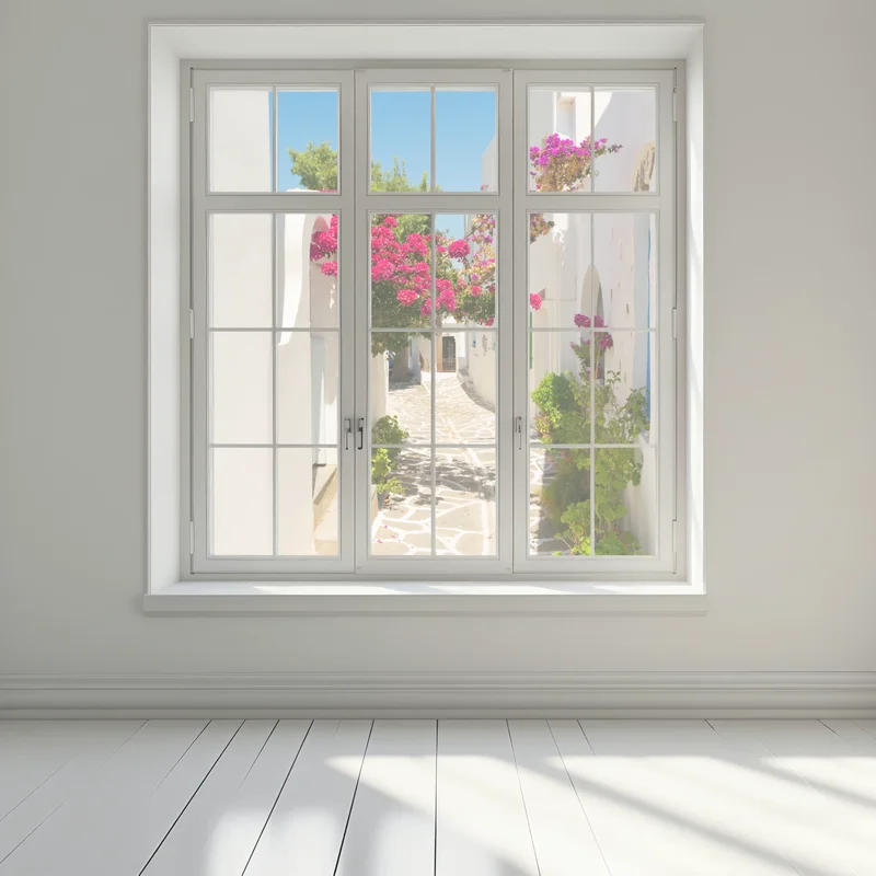 Fensteraufkleber sonnige mediterrane gasse mit bougainvillea